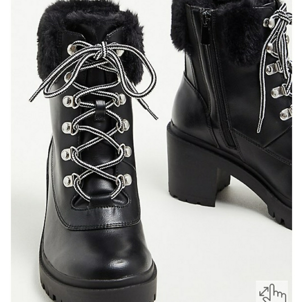 NWT Torrid Black Faux Fur Detail Block Heel Lug Sole Hiker Boots Extra WW - Picture 2 of 9